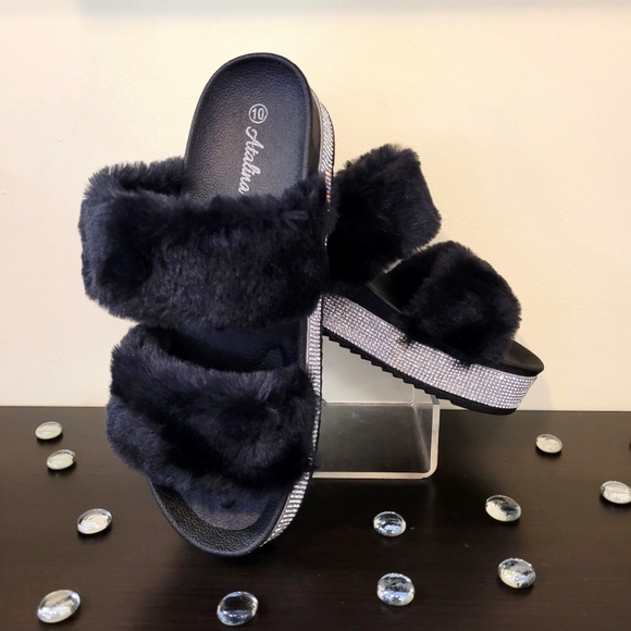 Atalina Bling Black Fur Slides - Picture 1 of 4